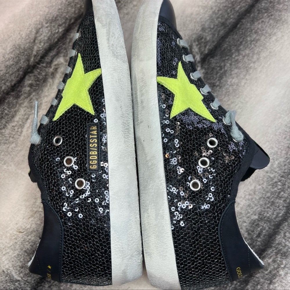 Golden Goose Superstar Sequin Star Leather Heel Black Yellow Fluo Sneakers - Picture 7 of 16